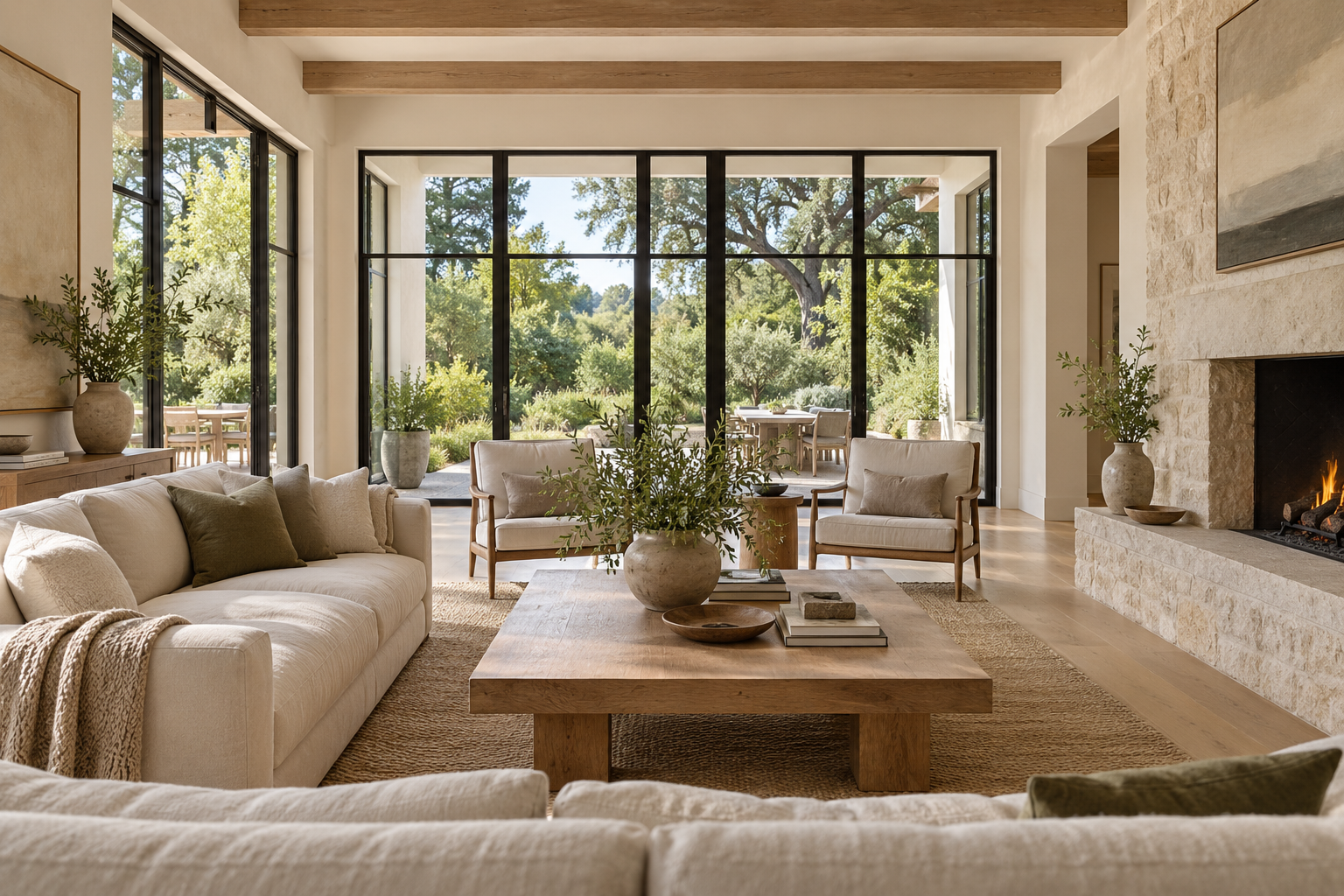 Concept interior with oak finishes, pale stone and garden views