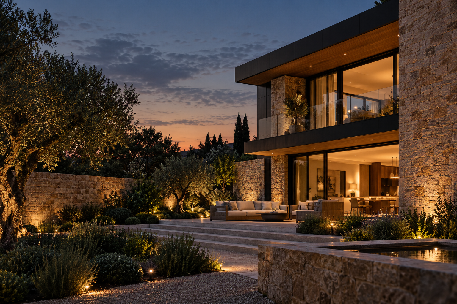 Illustrative modern house at dusk